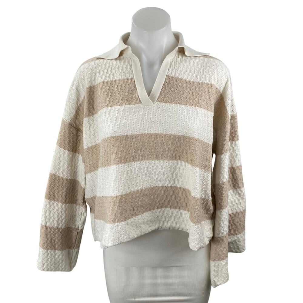 Princess Polly Beige White Striped Textured Knit Long Sleeve Polo Sweater Top 4